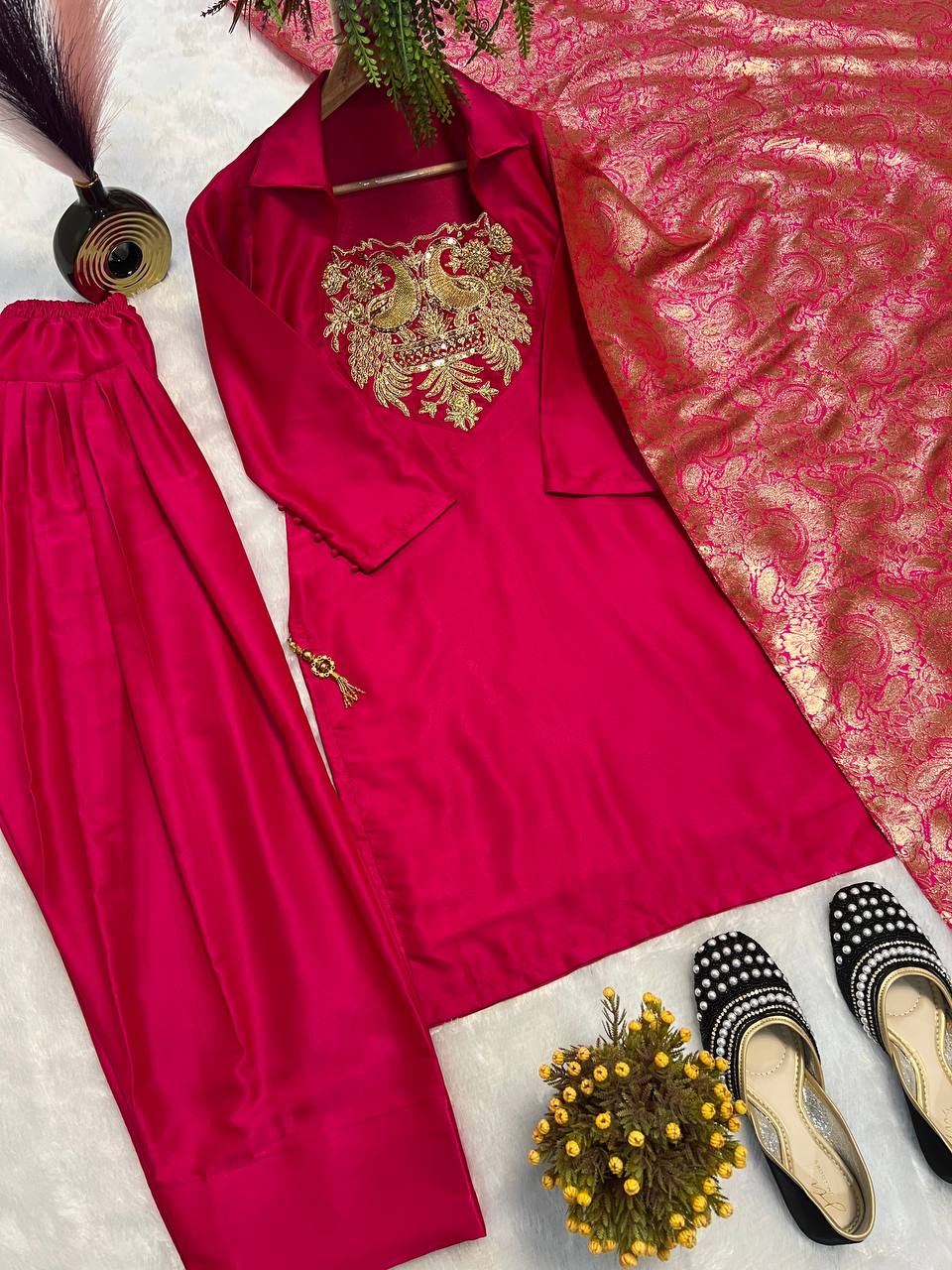 Regal Pink Peacock-Embellished Gala Suit